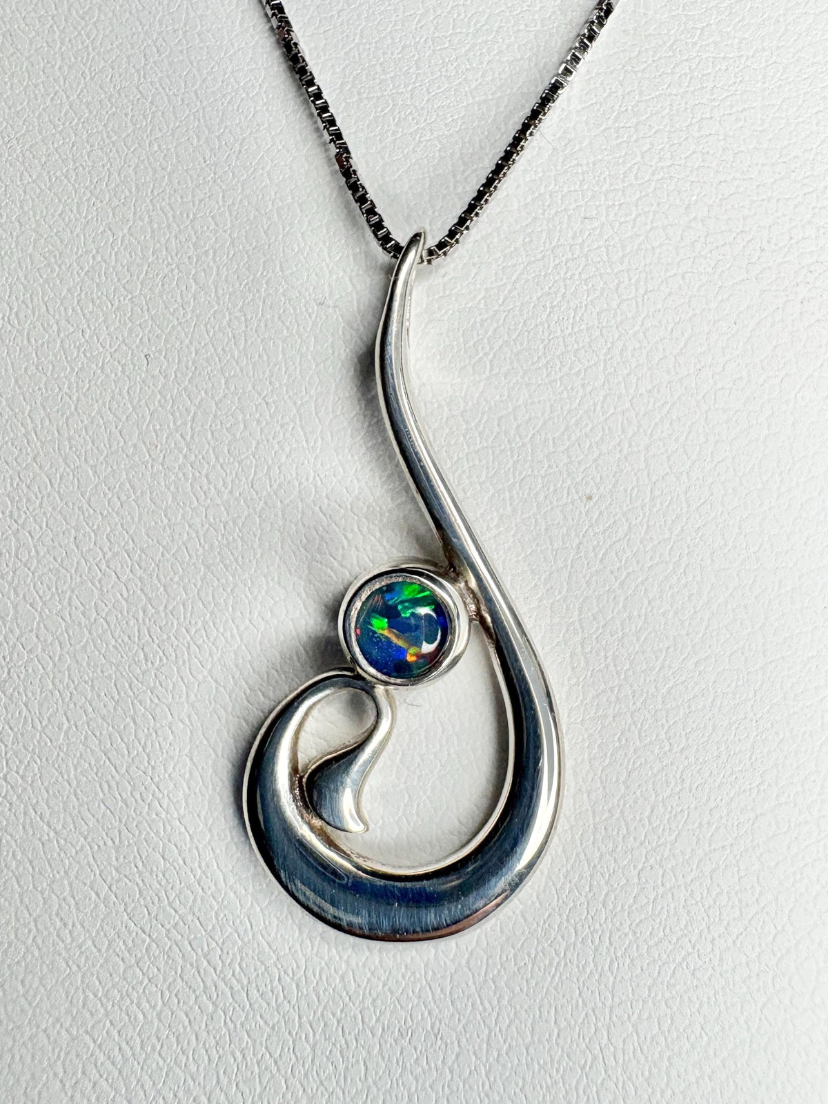Fish Hook Free Form Style Australian Opal Triplet in Sterling Silver Pendant Necklace 18" - NewLifeJewelryVault