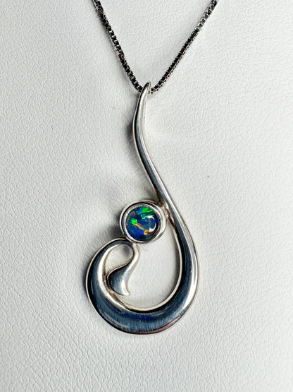 Fish Hook Free Form Style Australian Opal Triplet in Sterling Silver Pendant Necklace 18" - NewLifeJewelryVault