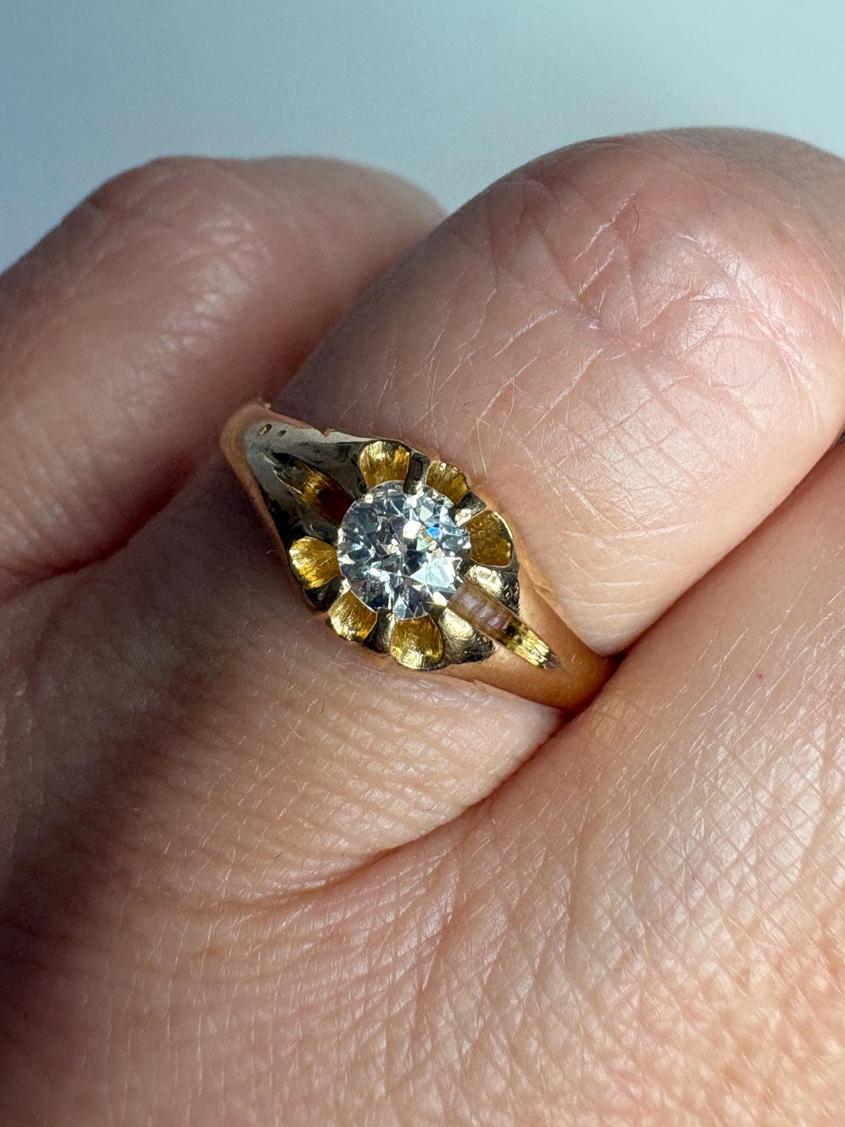 Victorian Old Mine Cut Diamond Belcher Ring Solid 18k Gold 18ct - NewLifeJewelryVault
