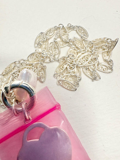 Engravable Heart with Biwa Pearl Charm Filigree Necklace Sterling Silver 23" - NewLifeJewelryVault
