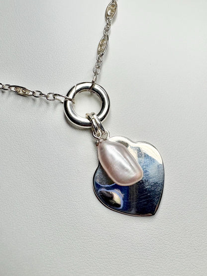 Engravable Heart with Biwa Pearl Charm Filigree Necklace Sterling Silver 23" - NewLifeJewelryVault