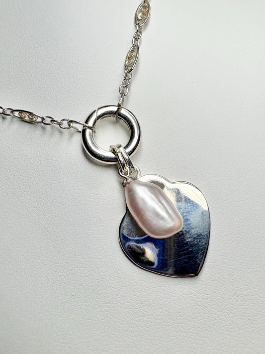Engravable Heart with Biwa Pearl Charm Filigree Necklace Sterling Silver 23" - NewLifeJewelryVault