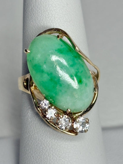 Type A Jadeite Jade and Natural Diamond Freeform Ring in Solid 14k Gold size 6.5 - NewLifeJewelryVault
