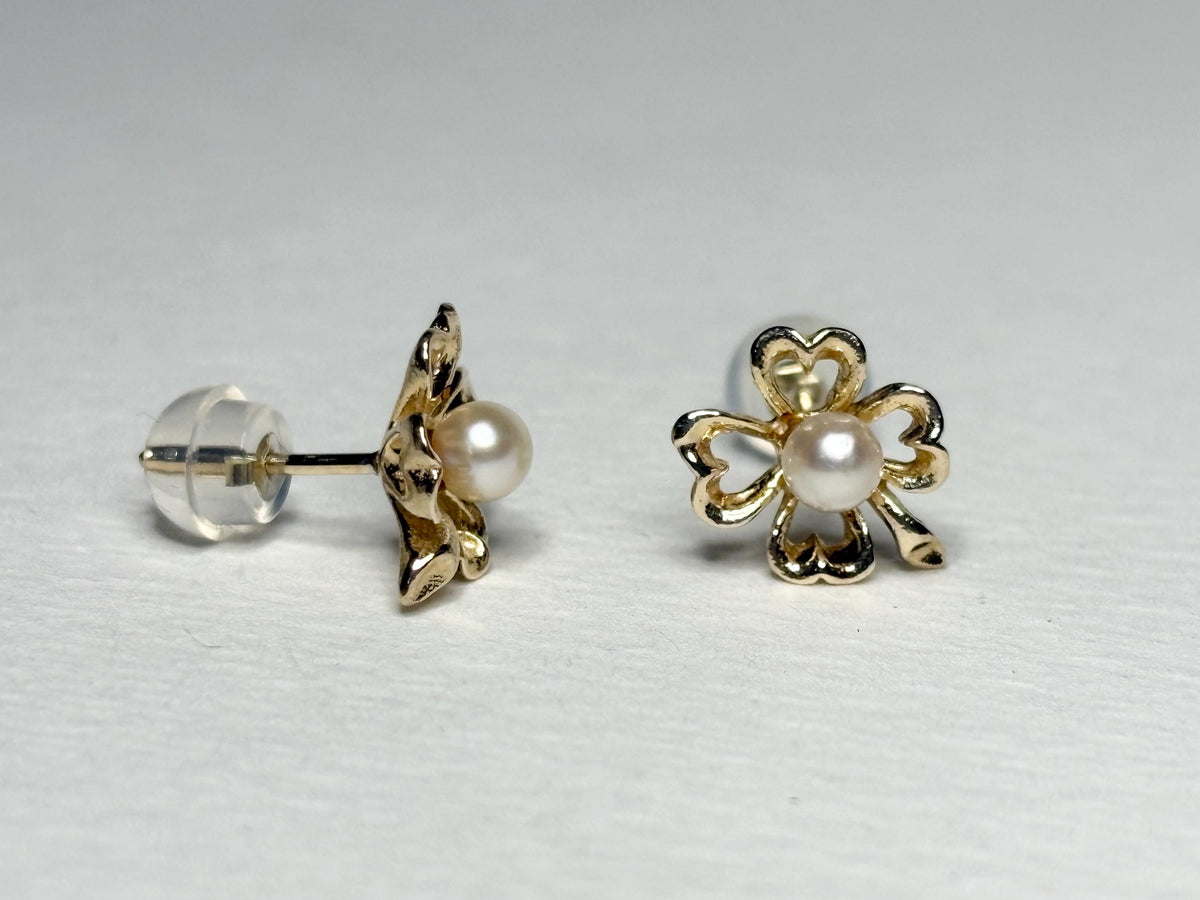Four Leaf Clover Akoya Cultured Pearl Stud Earrings Solid 14k Gold - NewLifeJewelryVault