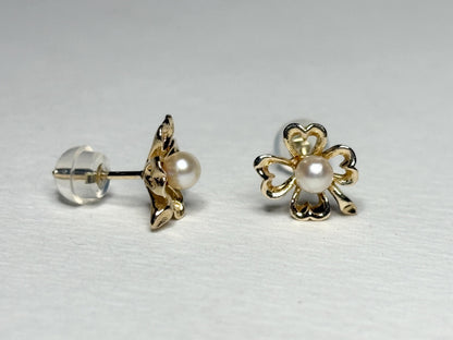 Four Leaf Clover Akoya Cultured Pearl Stud Earrings Solid 14k Gold - NewLifeJewelryVault