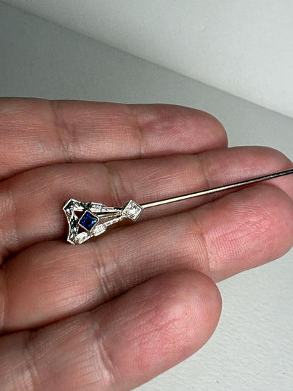Art Deco Sapphire and Diamond Stick Hat Pin Solid 14k White Gold - NewLifeJewelryVault