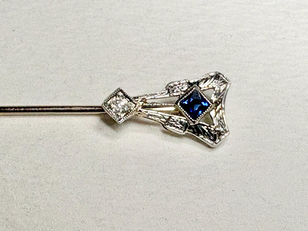 Art Deco Sapphire and Diamond Stick Hat Pin Solid 14k White Gold - NewLifeJewelryVault