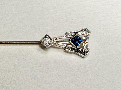 Art Deco Sapphire and Diamond Stick Hat Pin Solid 14k White Gold - NewLifeJewelryVault