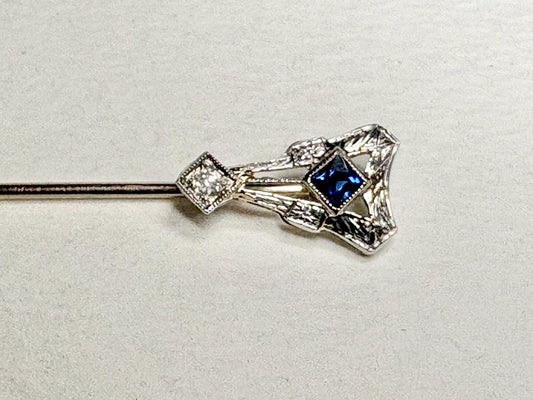 Art Deco Sapphire and Diamond Stick Hat Pin Solid 14k White Gold - NewLifeJewelryVault