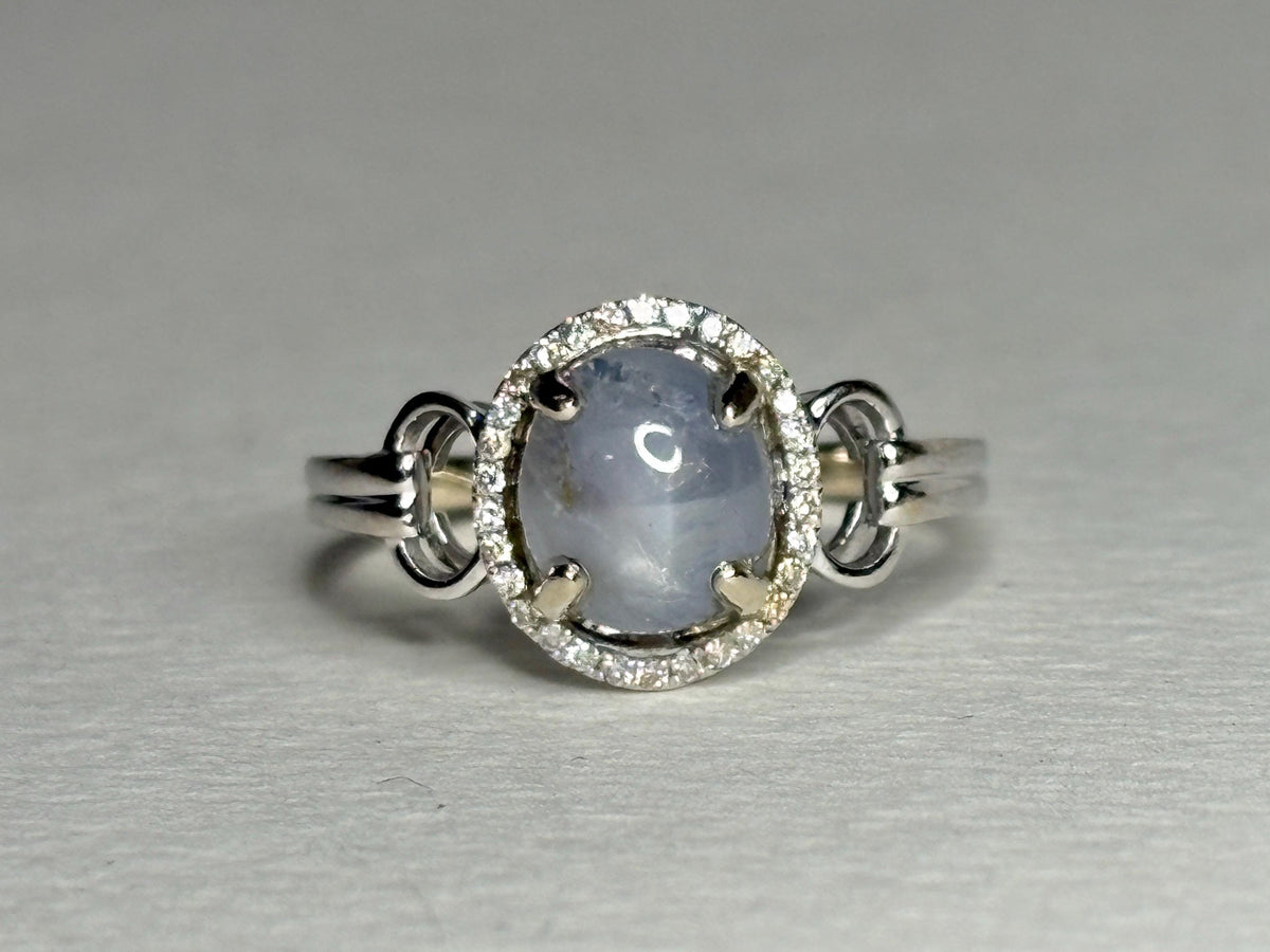 White Star Sapphire and Diamond Halo Ring Solid 14k White Gold size 9.25 - NewLifeJewelryVault