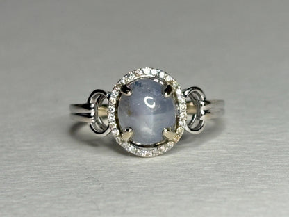 White Star Sapphire and Diamond Halo Ring Solid 14k White Gold size 9.25 - NewLifeJewelryVault