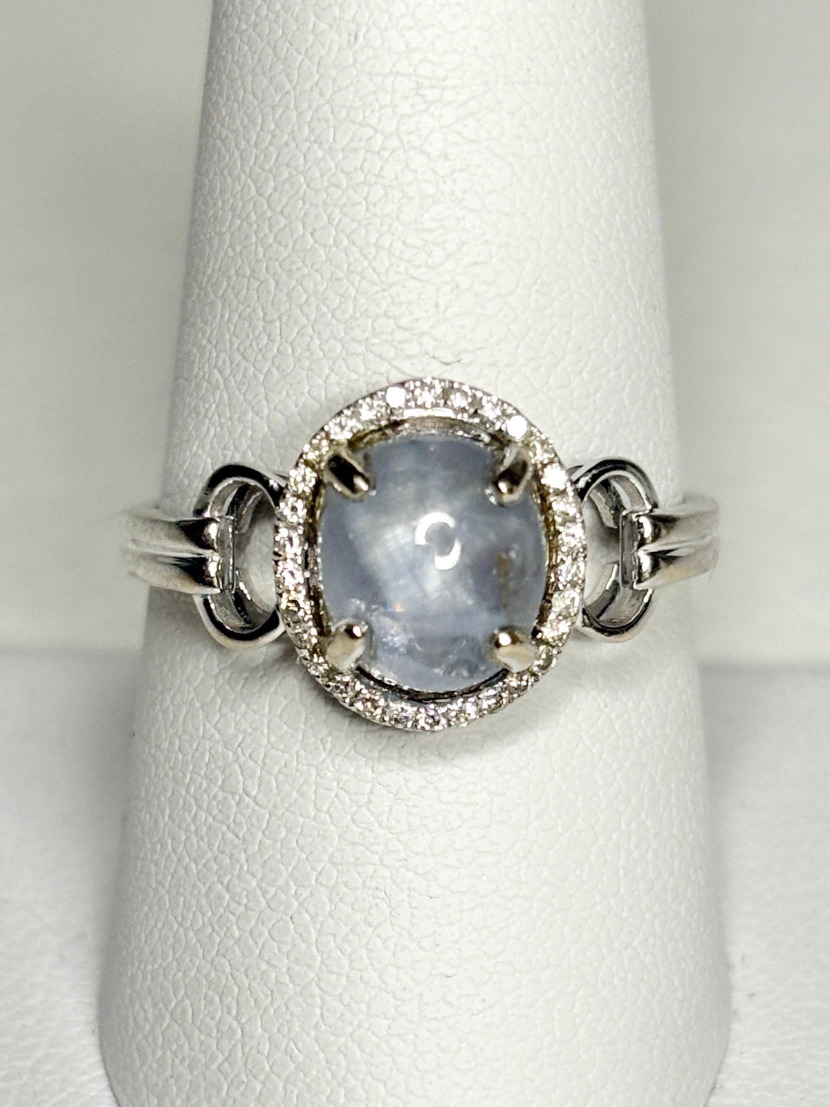 White Star Sapphire and Diamond Halo Ring Solid 14k White Gold size 9.25 - NewLifeJewelryVault