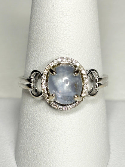 White Star Sapphire and Diamond Halo Ring Solid 14k White Gold size 9.25 - NewLifeJewelryVault