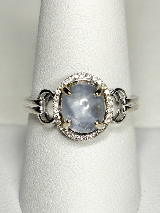 White Star Sapphire and Diamond Halo Ring Solid 14k White Gold size 9.25 - NewLifeJewelryVault