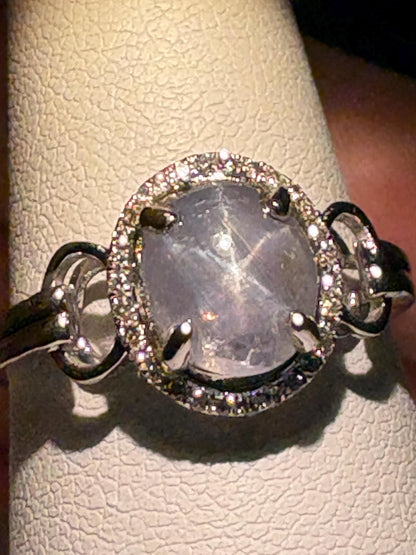 White Star Sapphire and Diamond Halo Ring Solid 14k White Gold size 9.25 - NewLifeJewelryVault