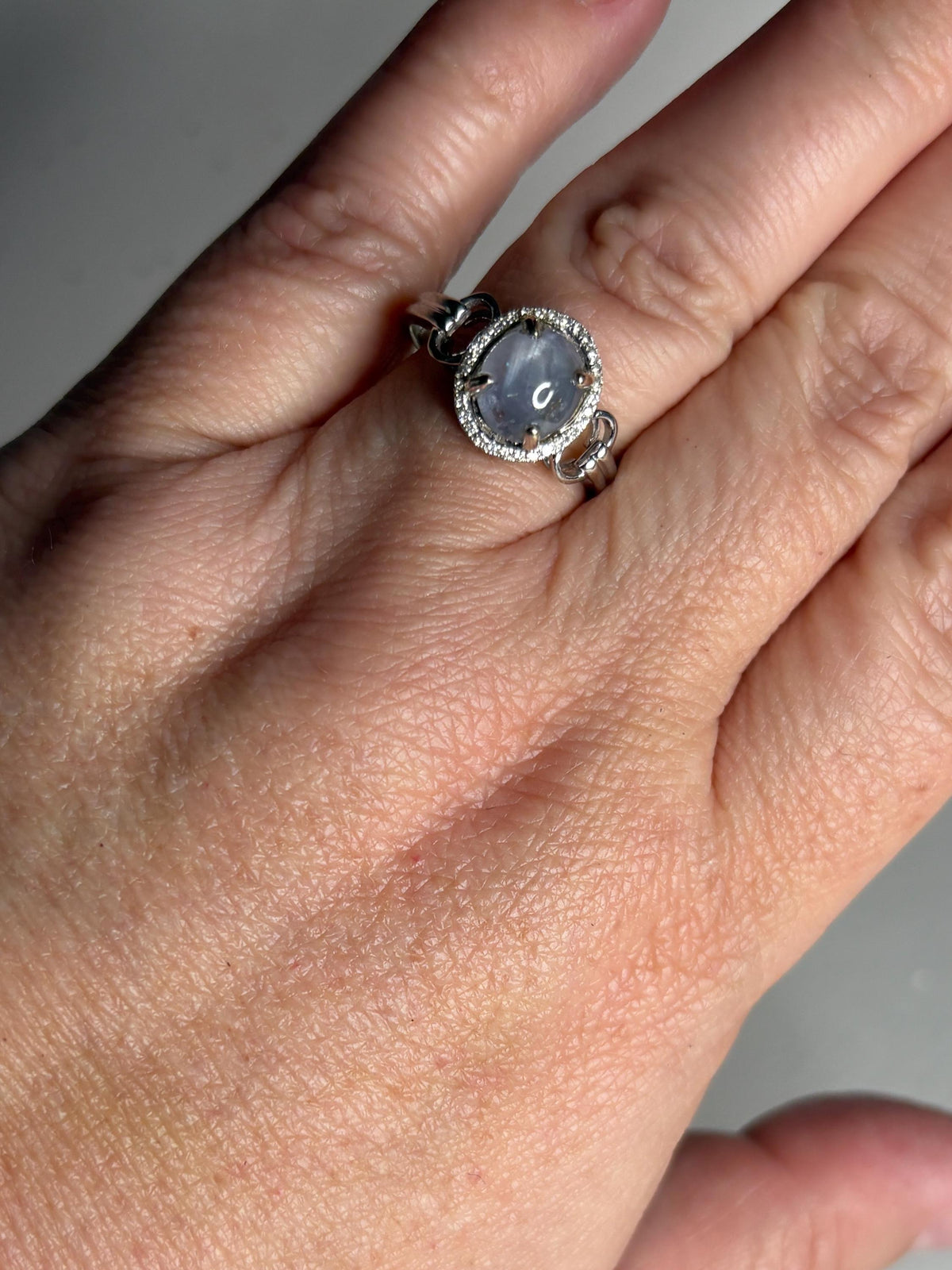 White Star Sapphire and Diamond Halo Ring Solid 14k White Gold size 9.25 - NewLifeJewelryVault