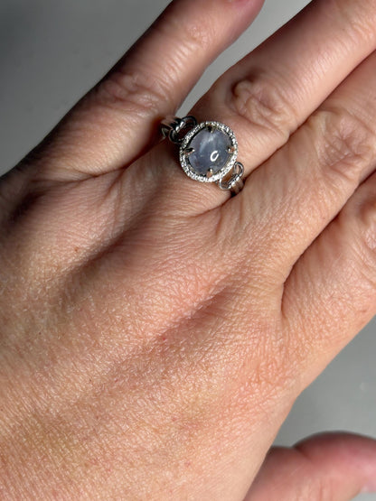 White Star Sapphire and Diamond Halo Ring Solid 14k White Gold size 9.25 - NewLifeJewelryVault