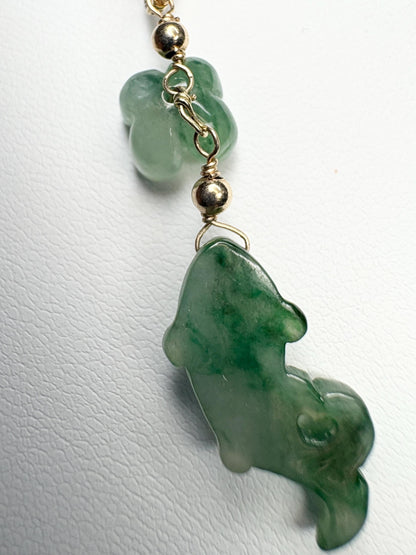 Guatemalan Type A Jadeite Jade Koi Fish and Flower Solid 14k Gold 18" - NewLifeJewelryVault