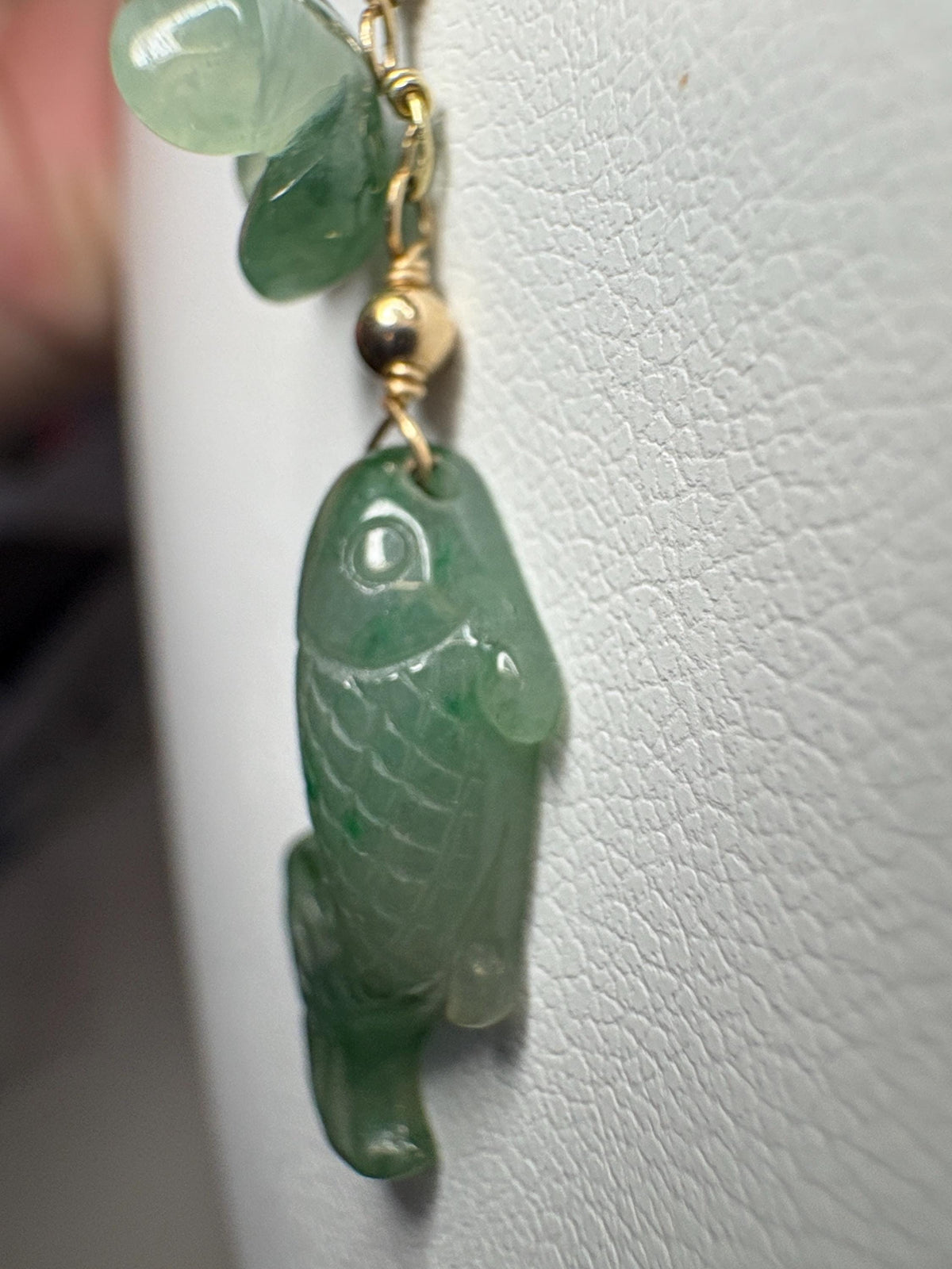 Guatemalan Type A Jadeite Jade Koi Fish and Flower Solid 14k Gold 18" - NewLifeJewelryVault