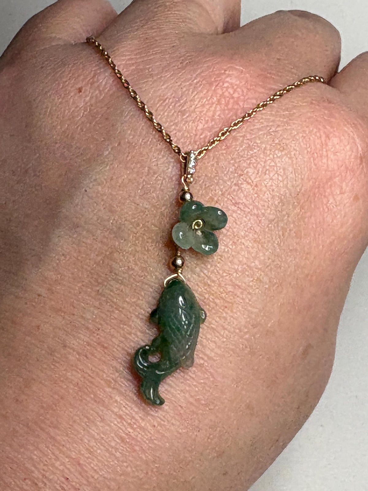Guatemalan Type A Jadeite Jade Koi Fish and Flower Solid 14k Gold 18" - NewLifeJewelryVault