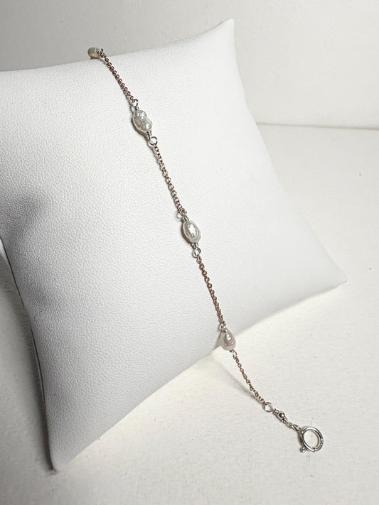 Freshwater Baroque Pearl Station Bracelet Sterling Silver with Rose Gold 8" - NewLifeJewelryVault