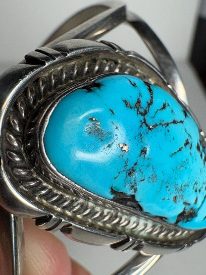 Southwest Arizona American Turquoise Cuff Bracelet Sterling Silver 31.8g S-M - NewLifeJewelryVault