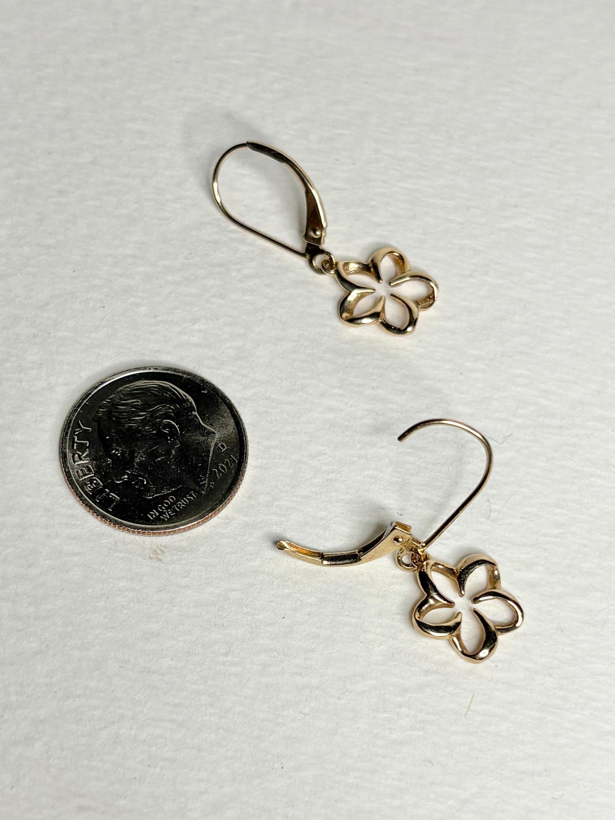 Na Hoku Floating Plumeria Leverback Dangle Drop Earrings in Solid 14k Gold - NewLifeJewelryVault