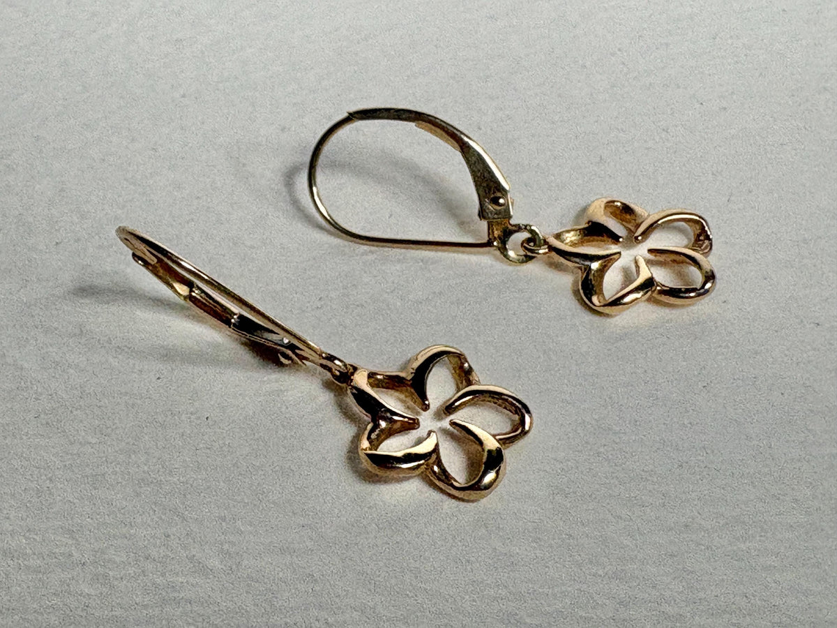 Na Hoku Floating Plumeria Leverback Dangle Drop Earrings in Solid 14k Gold - NewLifeJewelryVault
