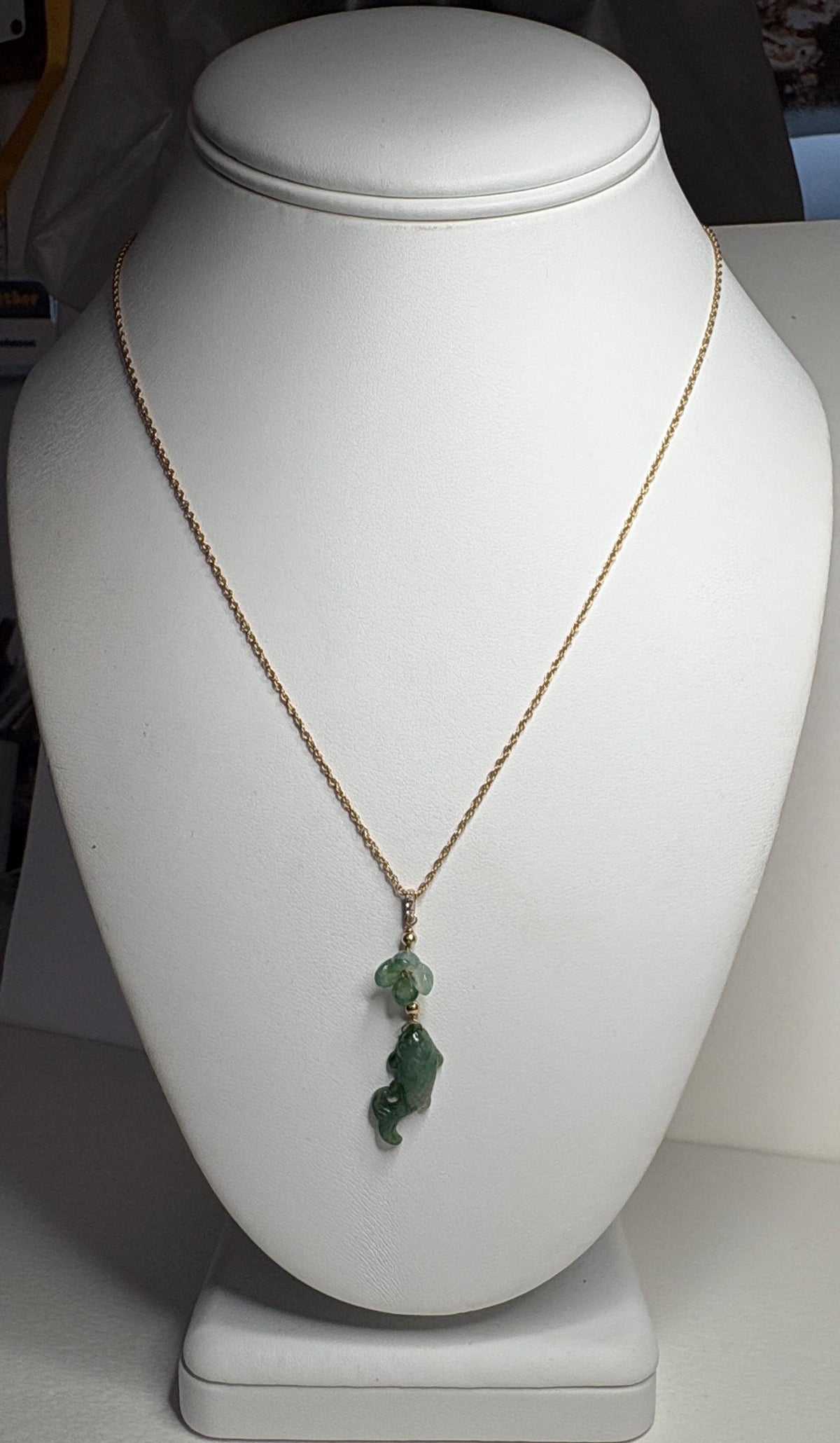 Guatemalan Type A Jadeite Jade Koi Fish and Flower Solid 14k Gold 18" - NewLifeJewelryVault