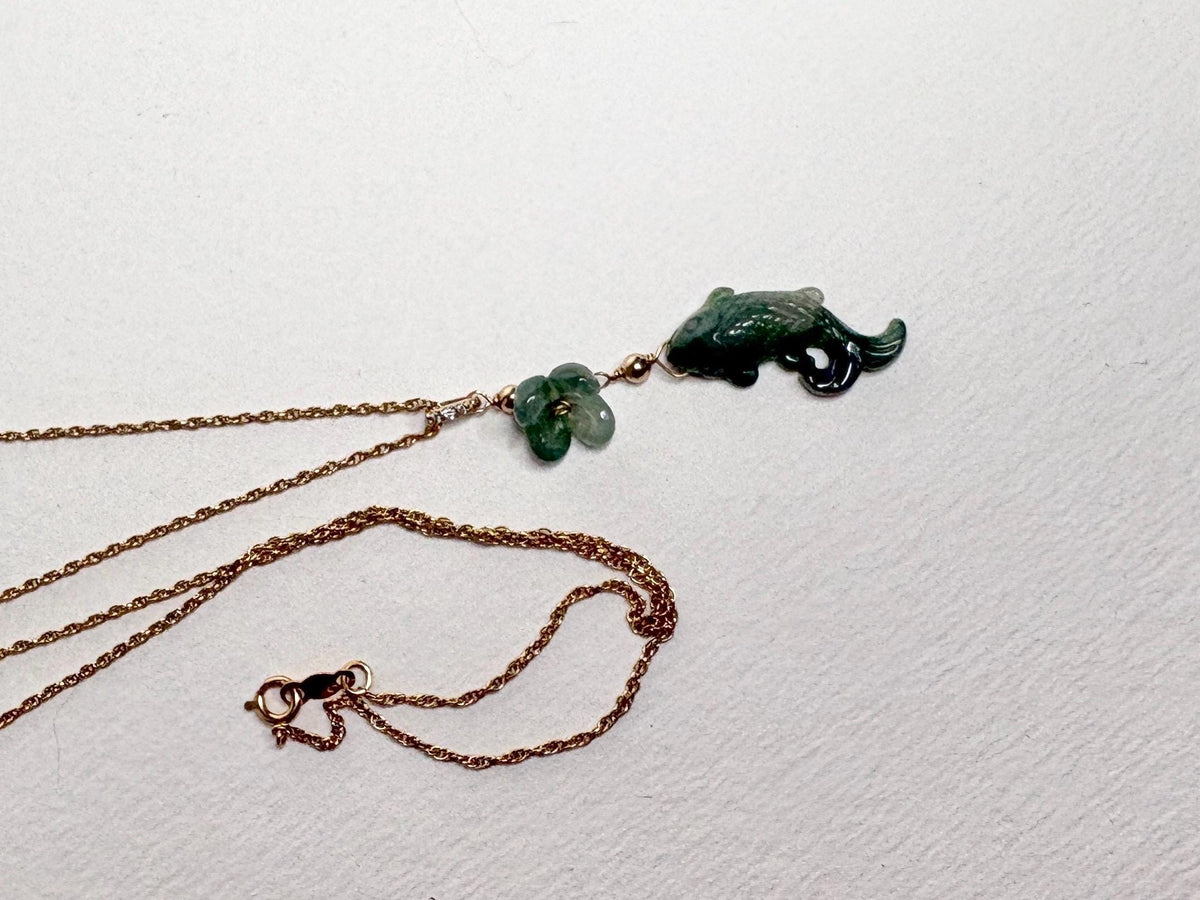 Guatemalan Type A Jadeite Jade Koi Fish and Flower Solid 14k Gold 18" - NewLifeJewelryVault