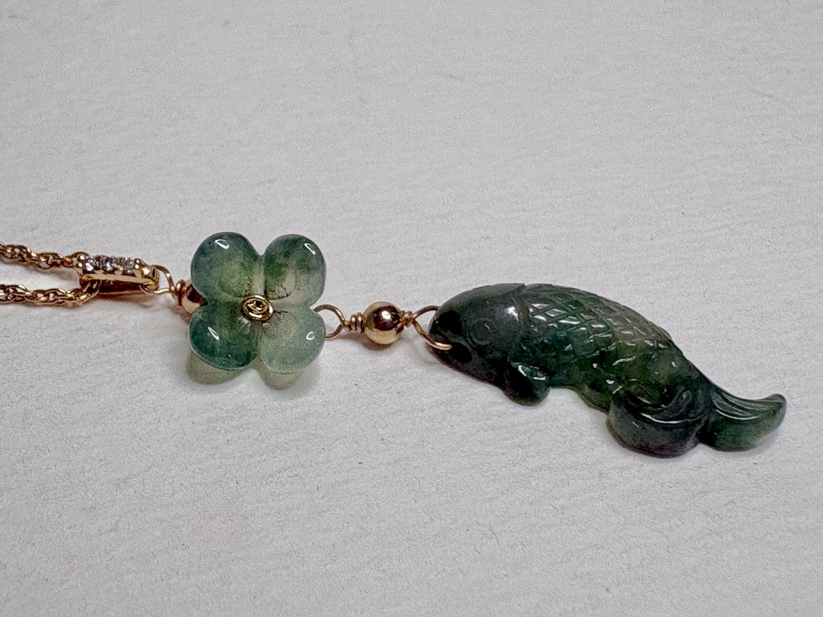 Guatemalan Type A Jadeite Jade Koi Fish and Flower Solid 14k Gold 18" - NewLifeJewelryVault