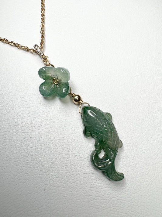 Guatemalan Type A Jadeite Jade Koi Fish and Flower Solid 14k Gold 18" - NewLifeJewelryVault