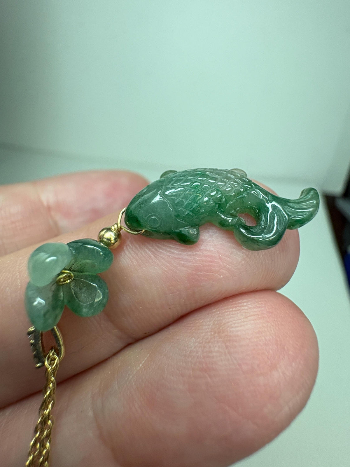 Guatemalan Type A Jadeite Jade Koi Fish and Flower Solid 14k Gold 18" - NewLifeJewelryVault