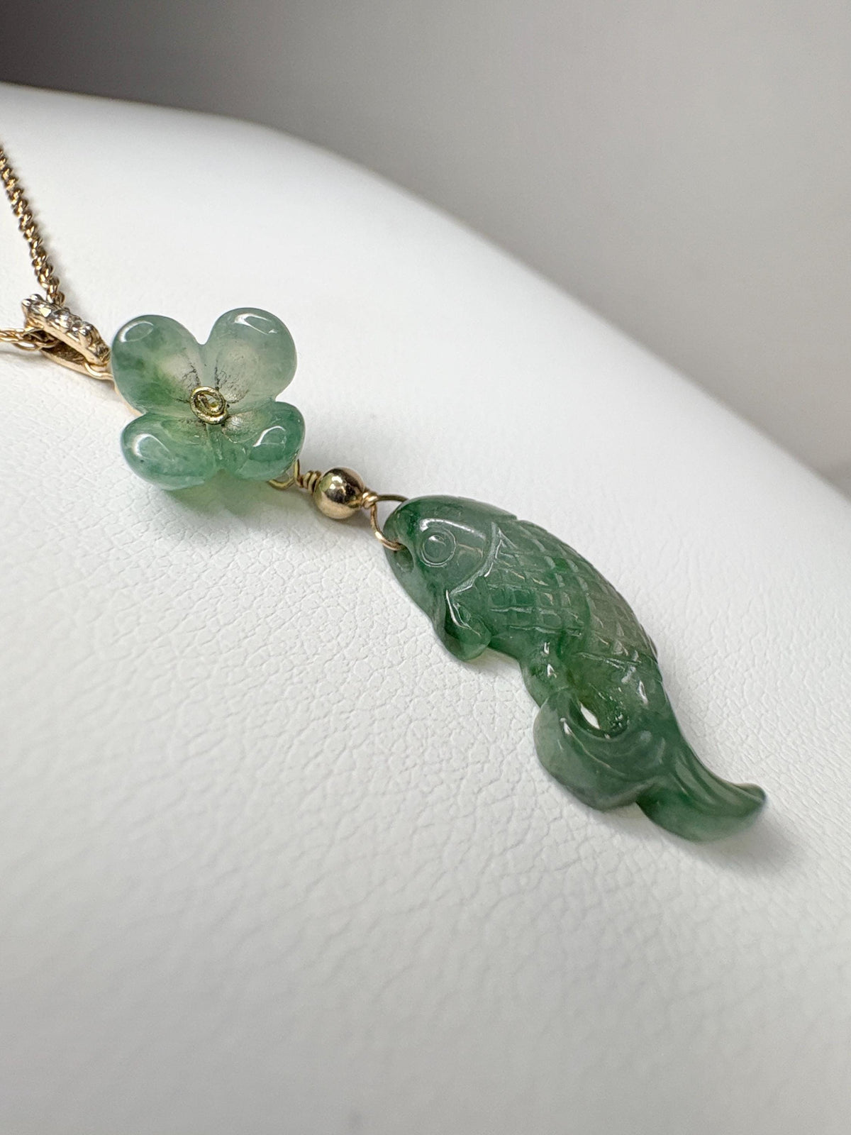 Guatemalan Type A Jadeite Jade Koi Fish and Flower Solid 14k Gold 18" - NewLifeJewelryVault