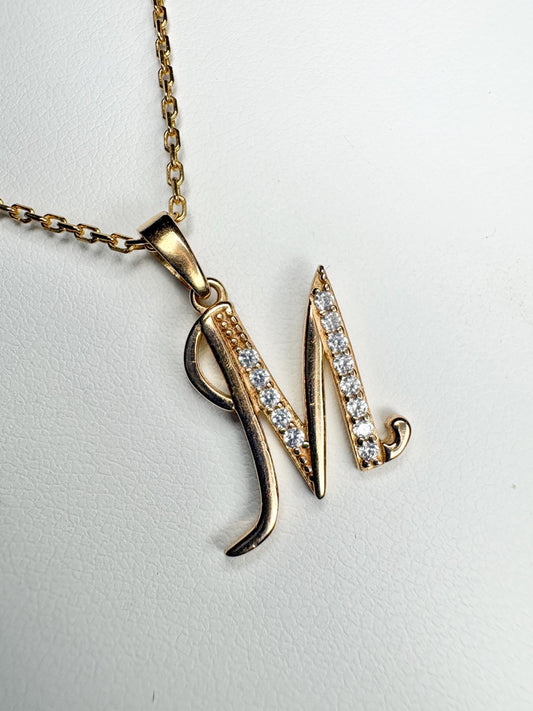 Initial "M" Pendant Necklace in Solid 21k Gold 17" - NewLifeJewelryVault