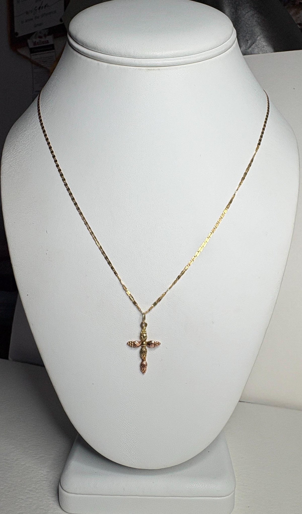 Black Hills Gold Cross Pendant 10k on a 14k Gold Fancy Link Chain 18" - NewLifeJewelryVault