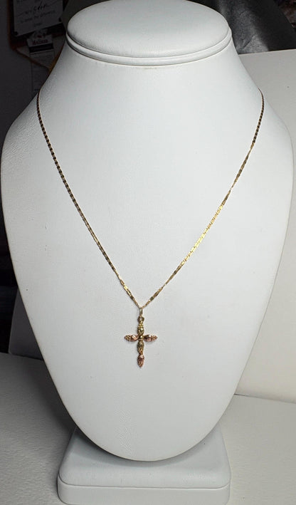 Black Hills Gold Cross Pendant 10k on a 14k Gold Fancy Link Chain 18" - NewLifeJewelryVault