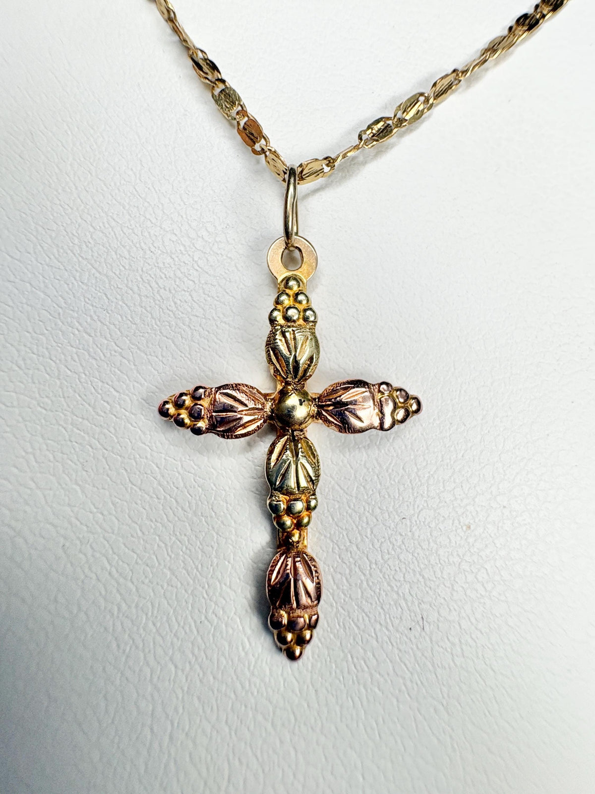 Black Hills Gold Cross Pendant 10k on a 14k Gold Fancy Link Chain 18" - NewLifeJewelryVault