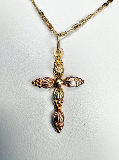 Black Hills Gold Cross Pendant 10k on a 14k Gold Fancy Link Chain 18" - NewLifeJewelryVault