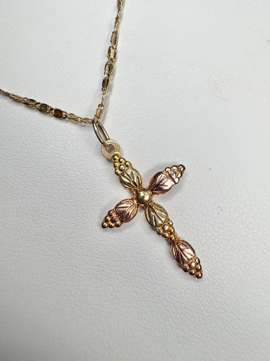 Black Hills Gold Cross Pendant 10k on a 14k Gold Fancy Link Chain 18" - NewLifeJewelryVault