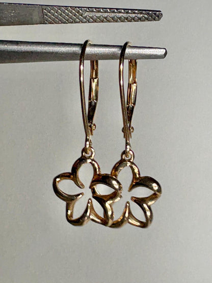 Na Hoku Floating Plumeria Leverback Dangle Drop Earrings in Solid 14k Gold - NewLifeJewelryVault