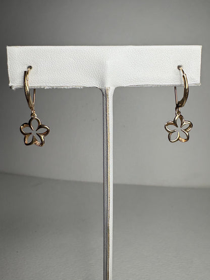 Na Hoku Floating Plumeria Leverback Dangle Drop Earrings in Solid 14k Gold - NewLifeJewelryVault