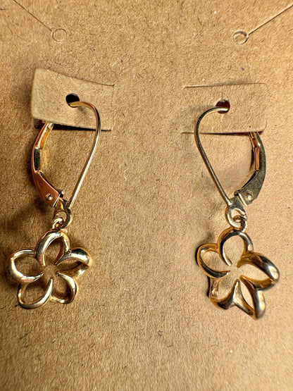 Na Hoku Floating Plumeria Leverback Dangle Drop Earrings in Solid 14k Gold - NewLifeJewelryVault