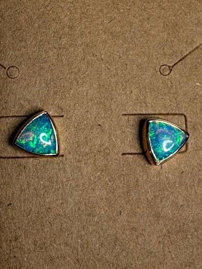 Australian Opal Bezel Set Triangular Stud Earrings in Solid 14k Gold 6mm - NewLifeJewelryVault