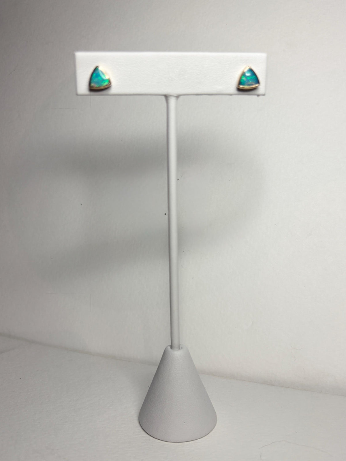 Australian Opal Bezel Set Triangular Stud Earrings in Solid 14k Gold 6mm - NewLifeJewelryVault