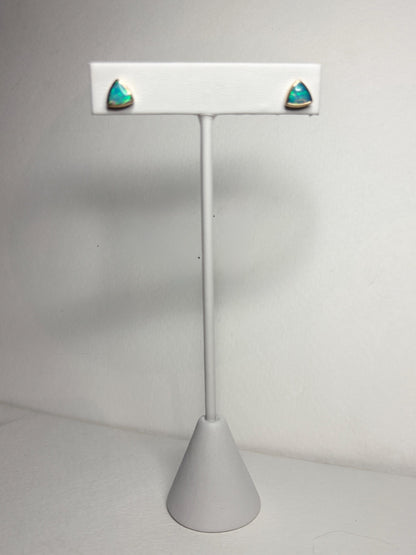 Australian Opal Bezel Set Triangular Stud Earrings in Solid 14k Gold 6mm - NewLifeJewelryVault