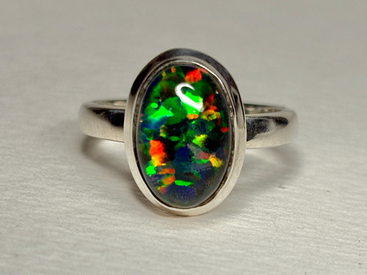 Synthetic Opal Triplet Bezel Set Solitaire Ring in Sterling Silver size 7 - NewLifeJewelryVault
