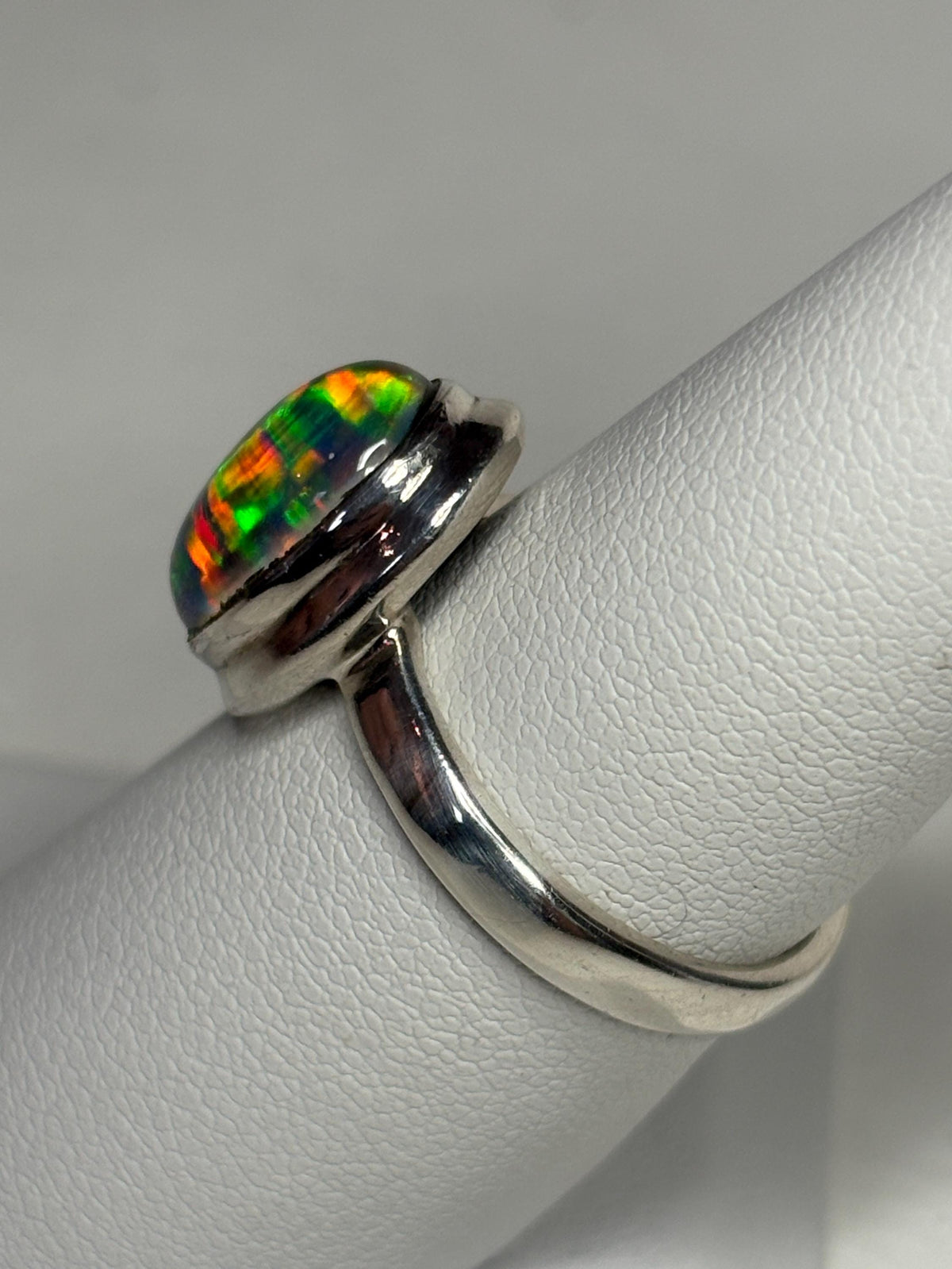 Synthetic Opal Triplet Bezel Set Solitaire Ring in Sterling Silver size 7 - NewLifeJewelryVault