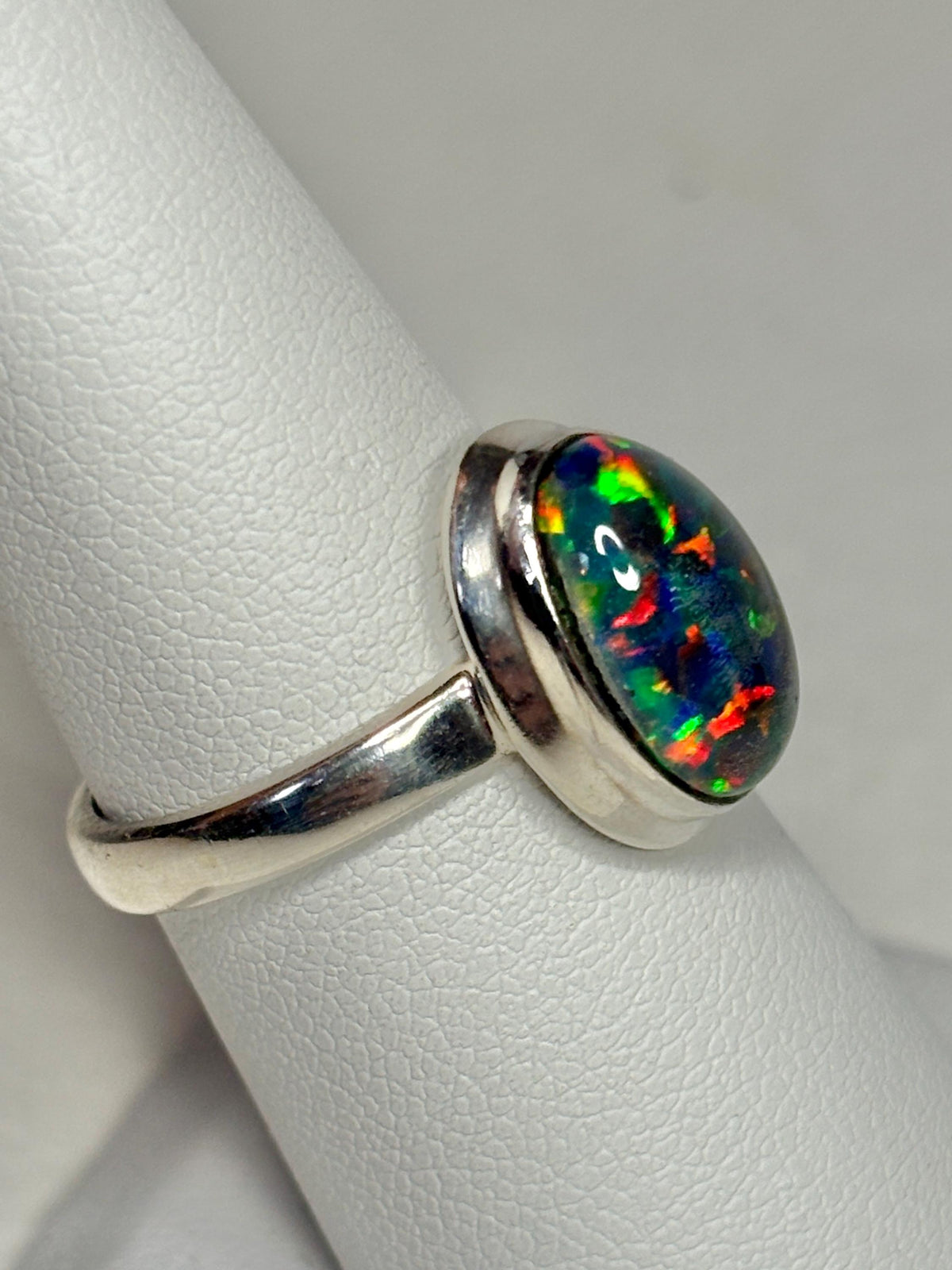 Synthetic Opal Triplet Bezel Set Solitaire Ring in Sterling Silver size 7 - NewLifeJewelryVault