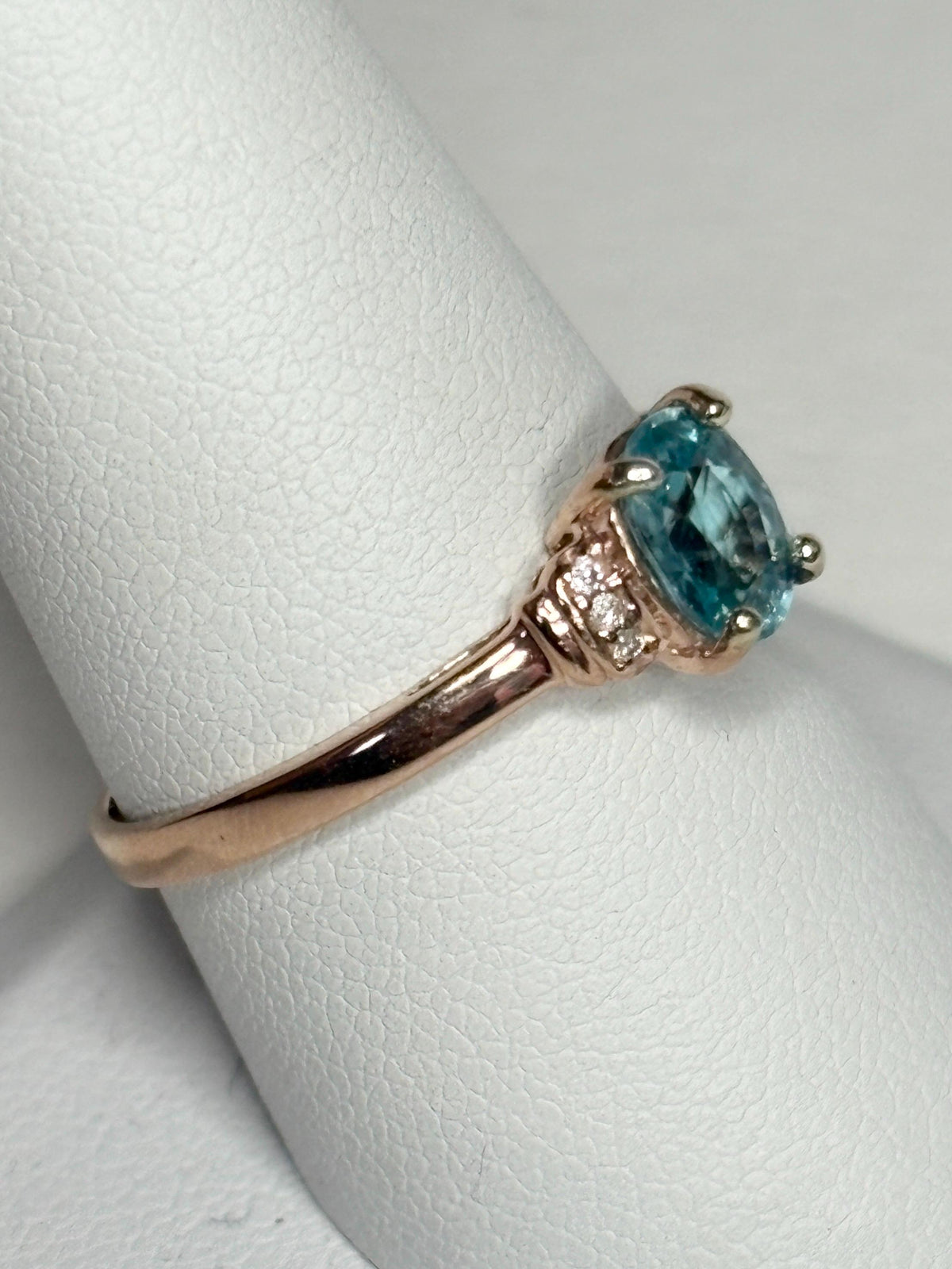 Natural Blue Zircon and Diamond Ring Solid 10k Rose Gold size 9 - NewLifeJewelryVault